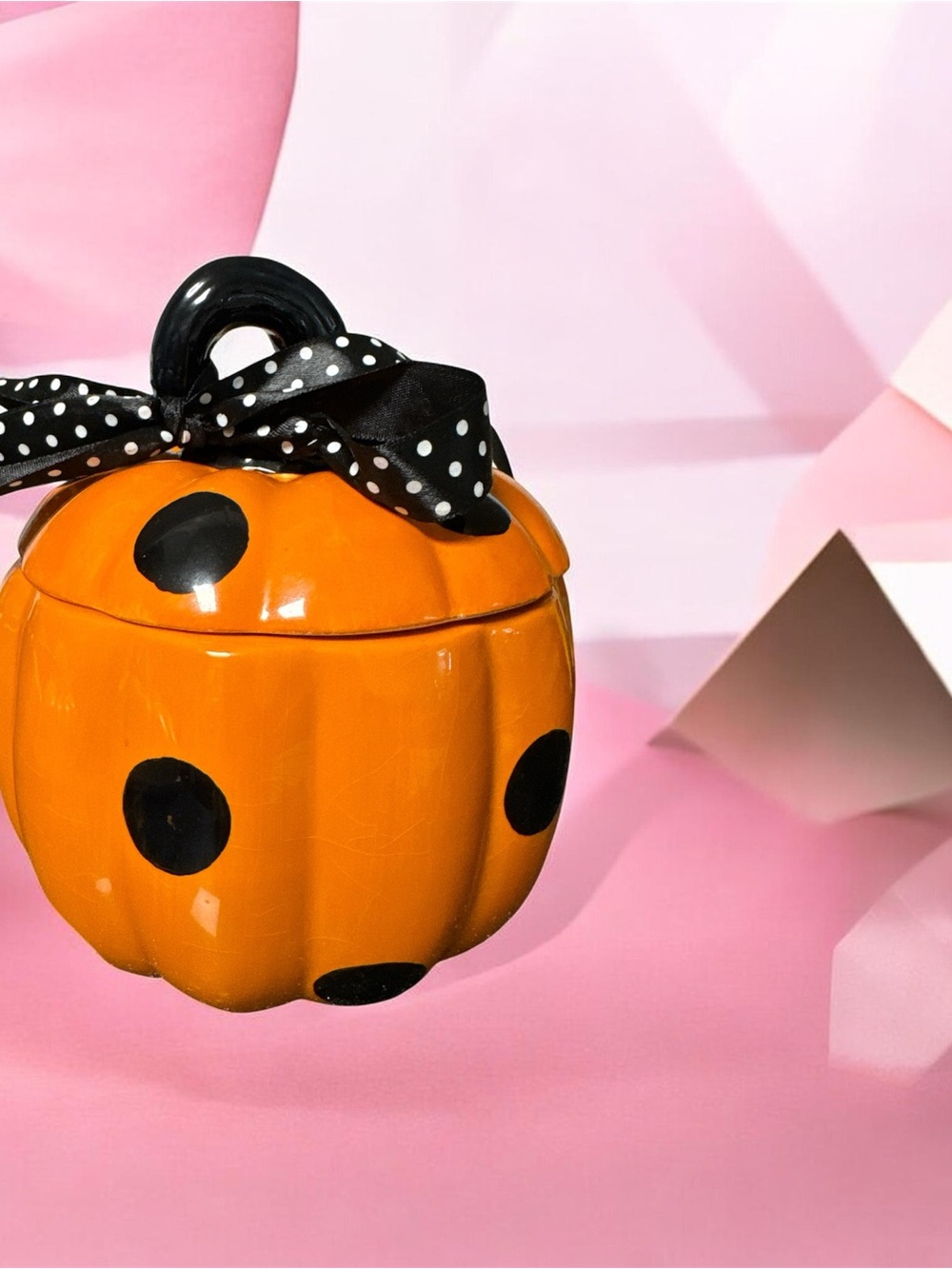 Orange Polka Dot Pumpkin Ceramic Canister with Black Bow